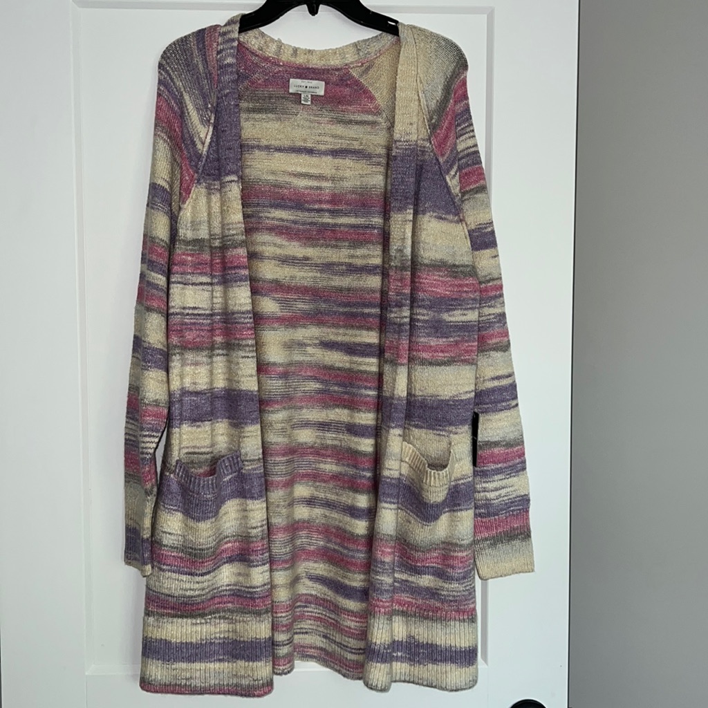 New Lucky Brand Cardigan Long Sleeve Pink Purple Cream L Large 89 Sweater